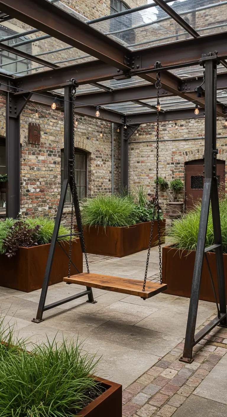 Industriële schommel met stalen frame en houten zitting op een binnenplaats met bakstenen.