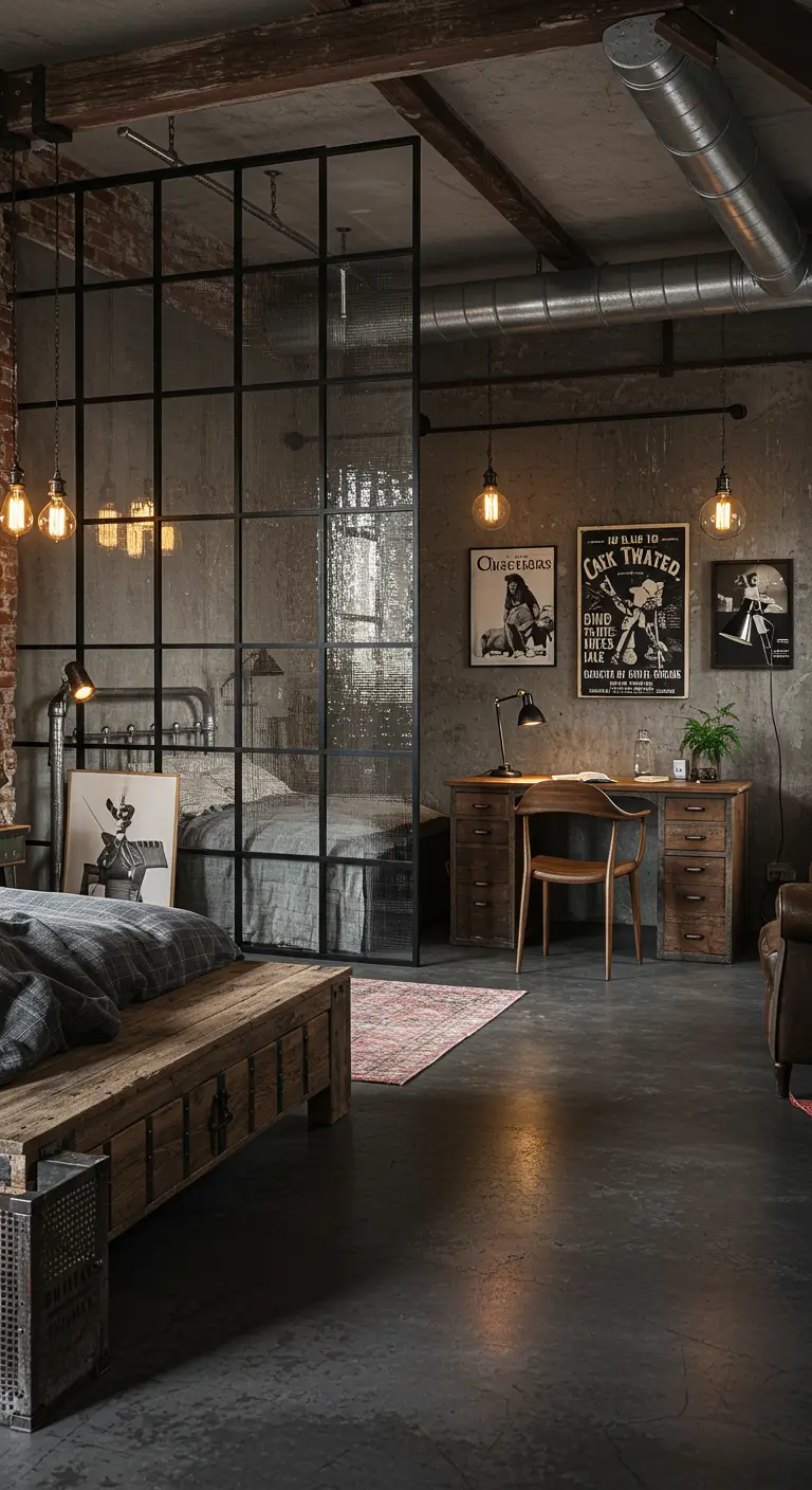 Industriële glazen wand met zwart metalen frame scheidt slaapgedeelte van werkplek.
