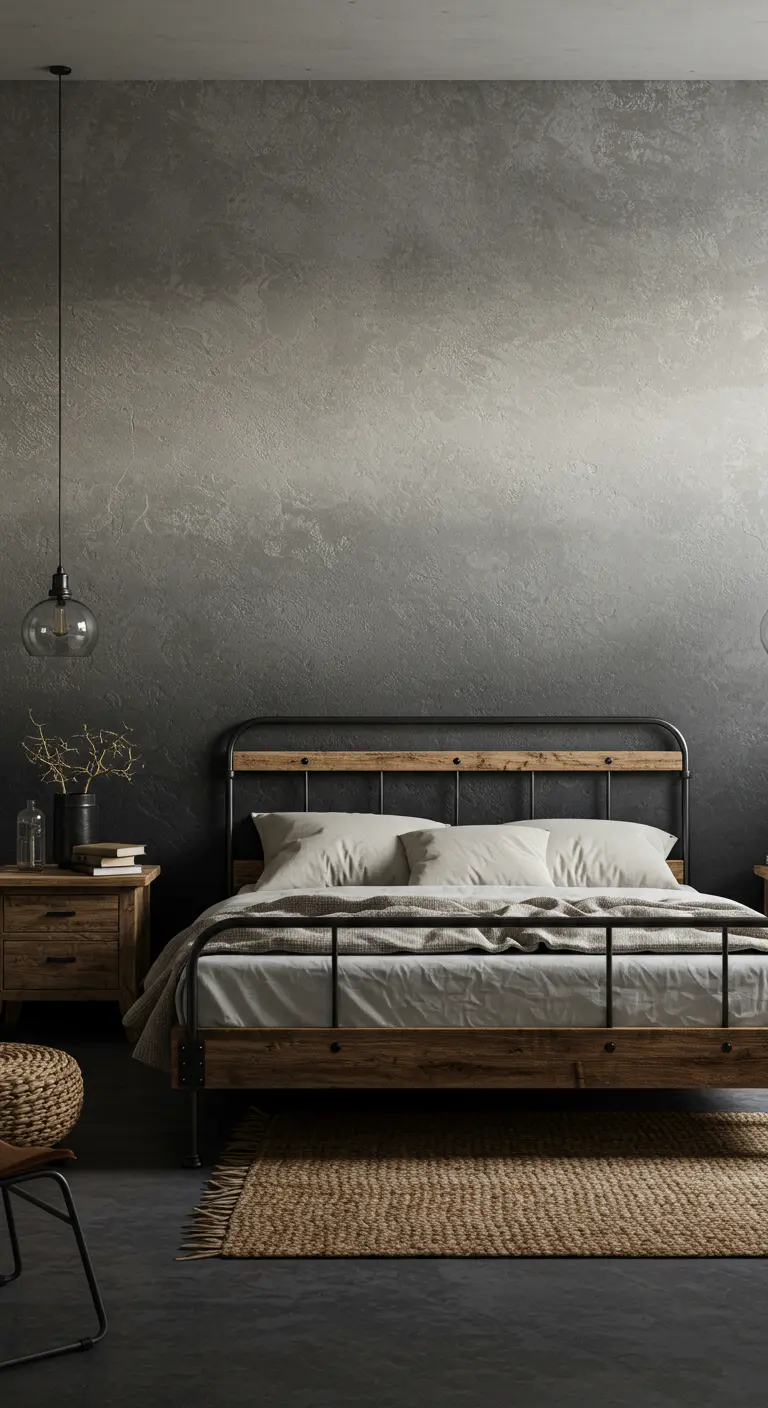 Industriële slaapkamer met grijs kleurverloop op de muur en metalen bedframe.