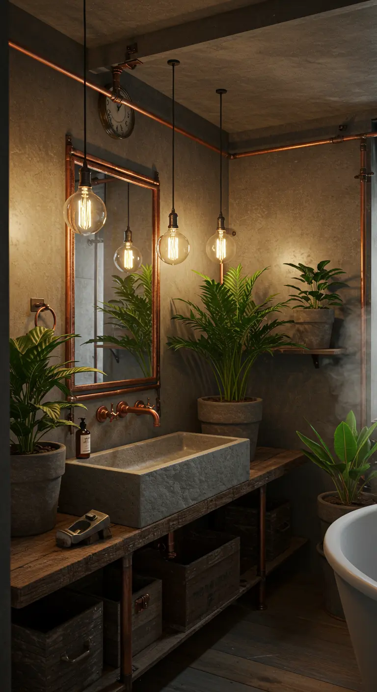Industriële badkamer met betonnen wasbak, koperen leidingen en diverse groene planten in potten.