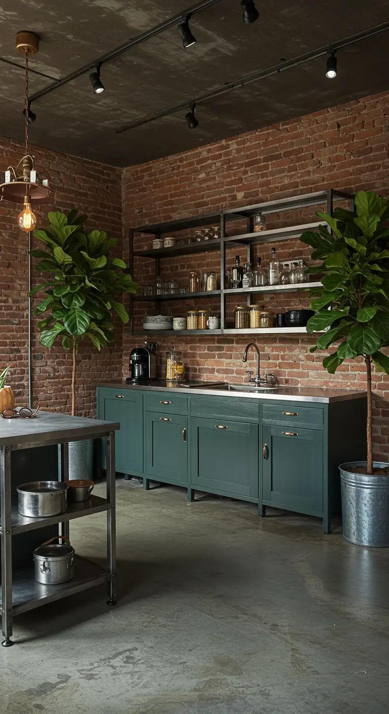 Industriële keuken met donkergroene kasten, bakstenen muur en grote vioolbladplanten.