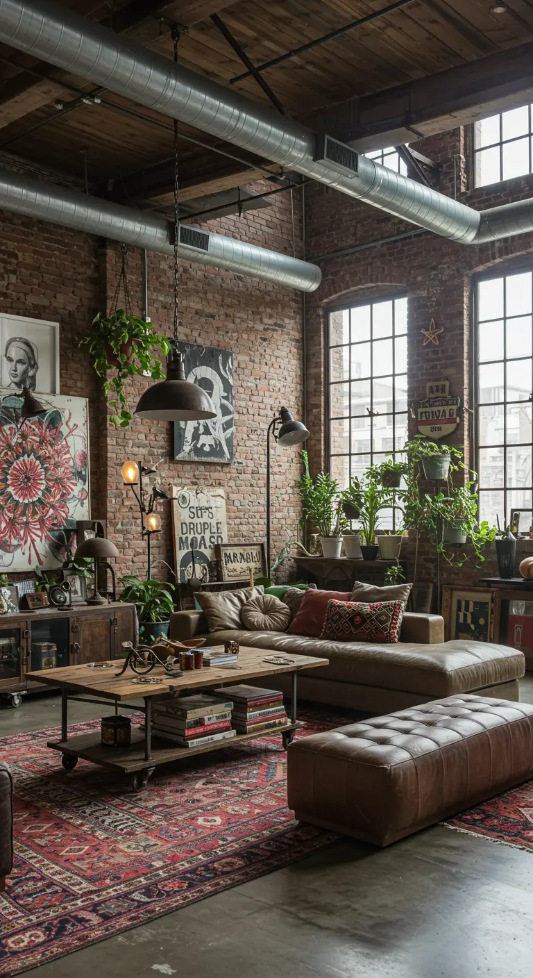 Industriële woonkamer met bakstenen muur, leren bank, veel planten en Perzisch tapijt.