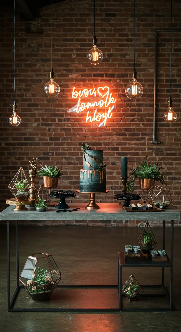 Industriële taarttafel met neon sign, vetplanten in geometrische houders en Edison-lampen.