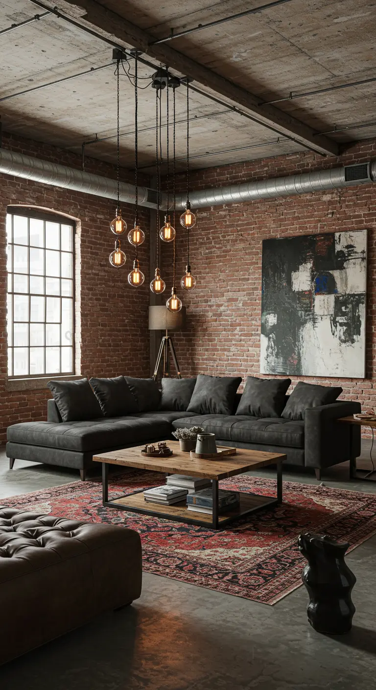 Donkere hoekbank in industriële loft met bakstenen muur en metalen hanglampen.