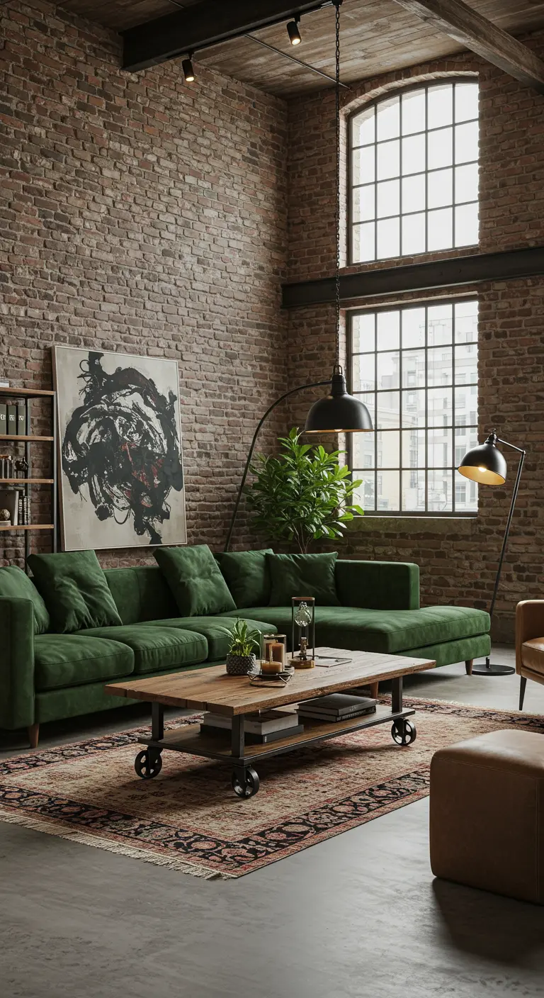 Industriële woonkamer met bakstenen muur, groene fluwelen bank en metalen lampen.