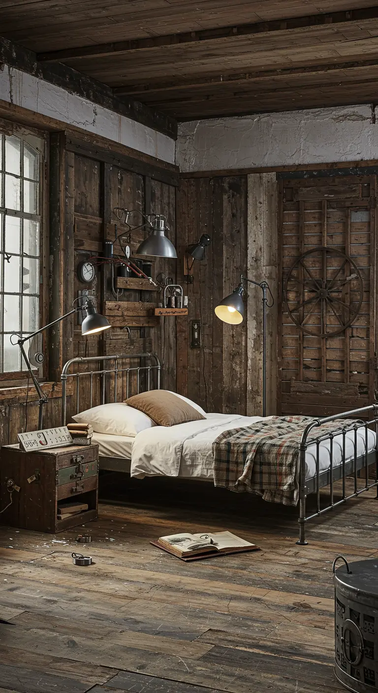 Industriële slaapkamer met een wand van donkere, ruwe houten planken achter het metalen bed.