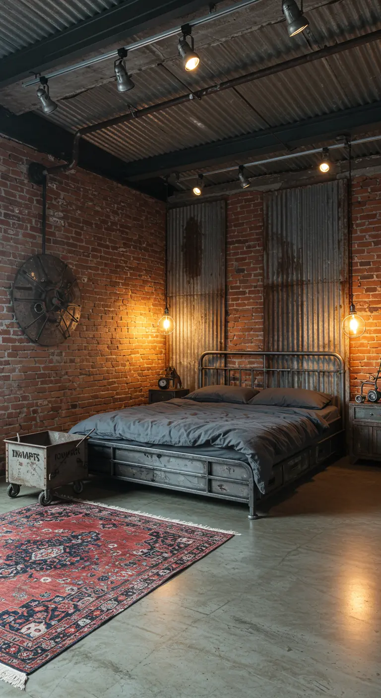Industriële zolderslaapkamer met bakstenen muren en metalen bed.