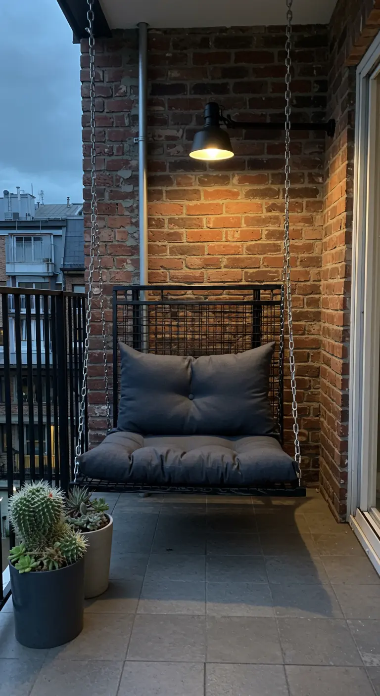 Zwarte metalen industriële hangstoel met grijs kussen tegen een bakstenen muur op balkon.