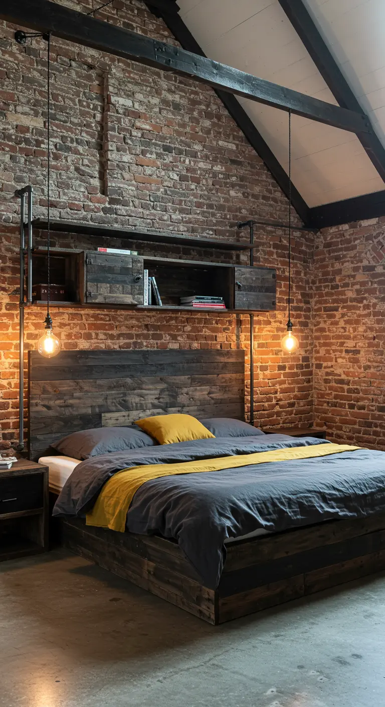 Industrieel hoofdbord van donker hout en metalen buizen met planken tegen een bakstenen muur.
