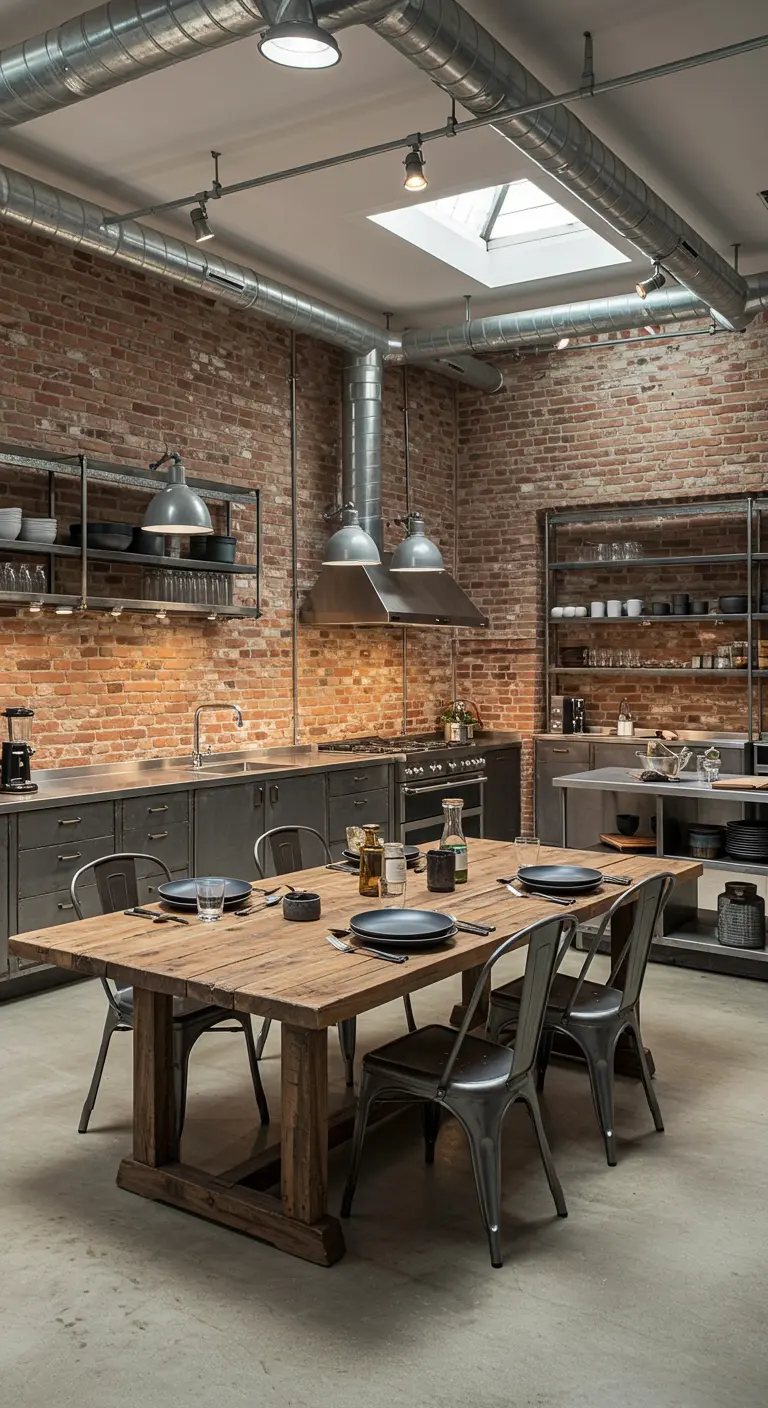 Industriële keuken met bakstenen muur en donker servies op houten tafel.