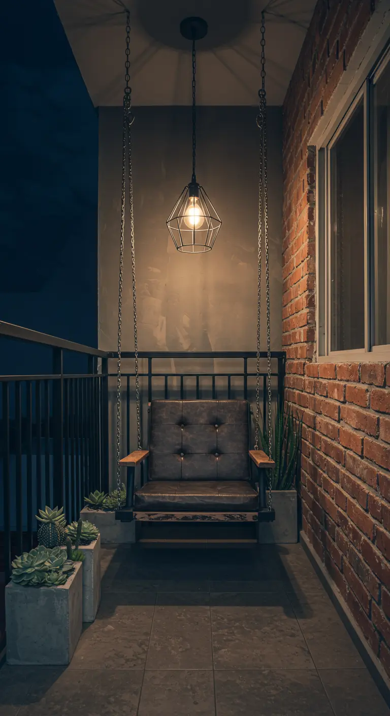 Industrieel balkon met leren hangstoel, bakstenen muur en vetplanten.