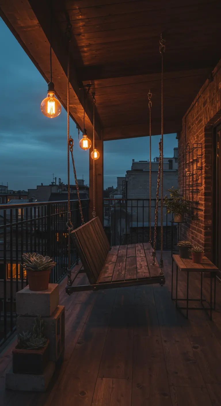 Houten duo-schommelbank met kettingen op industrieel balkon met bakstenen muur en peertjes.