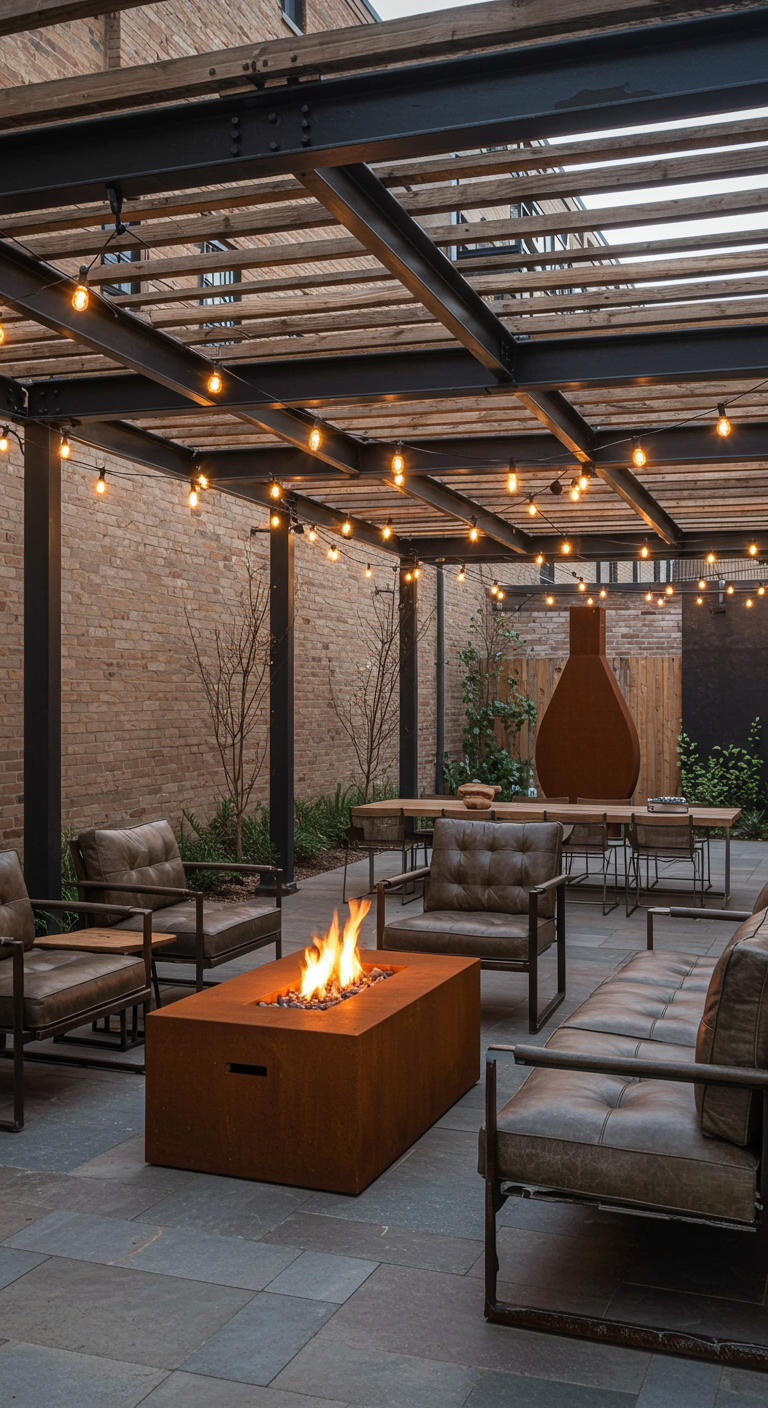 Industriële pergola met metalen frame, houten latten, cortenstalen vuurtafel en leren fauteuils.