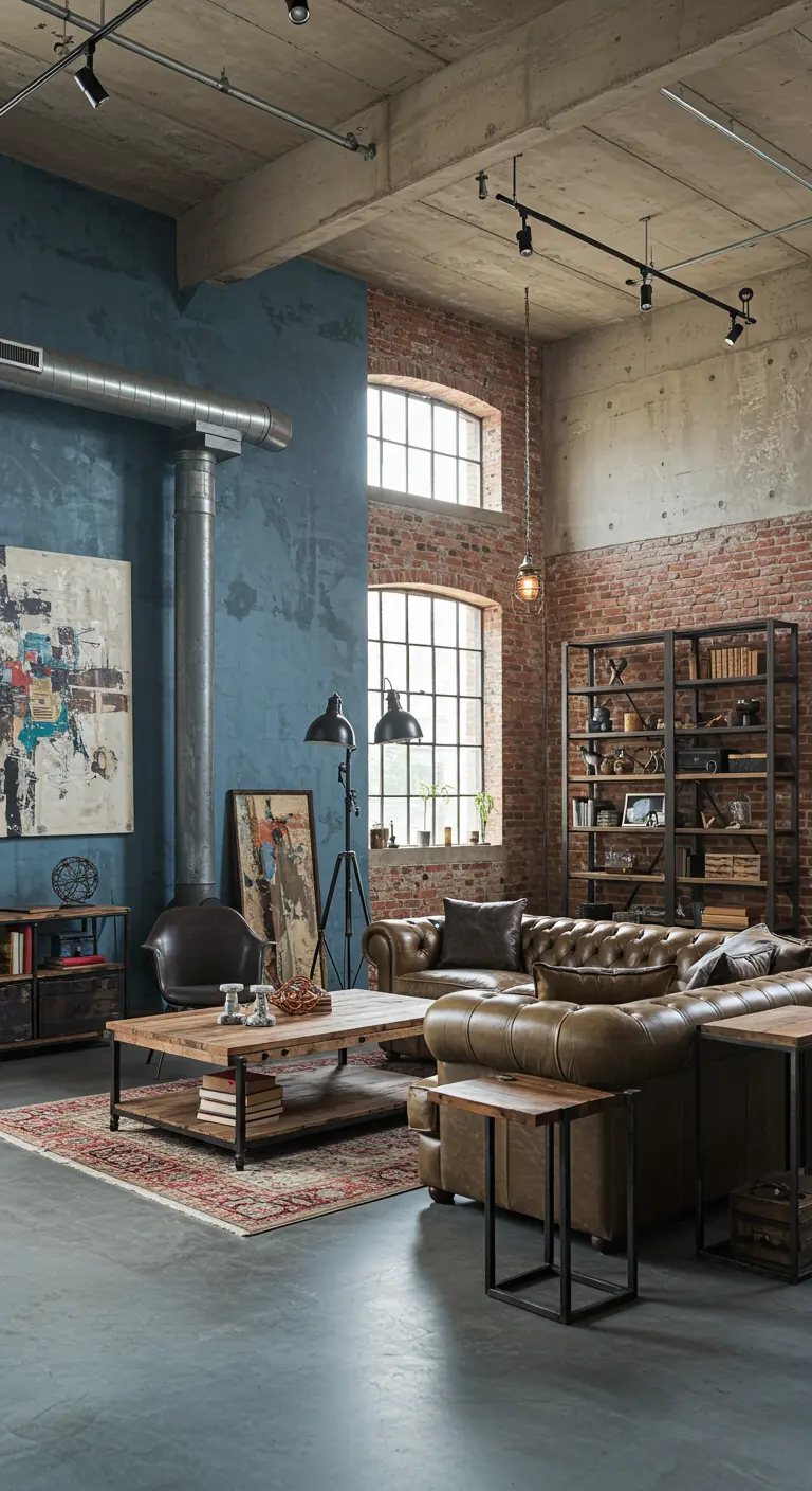 Industriële woonkamer met blauwgrijze ondermuur naast een bakstenen muur.