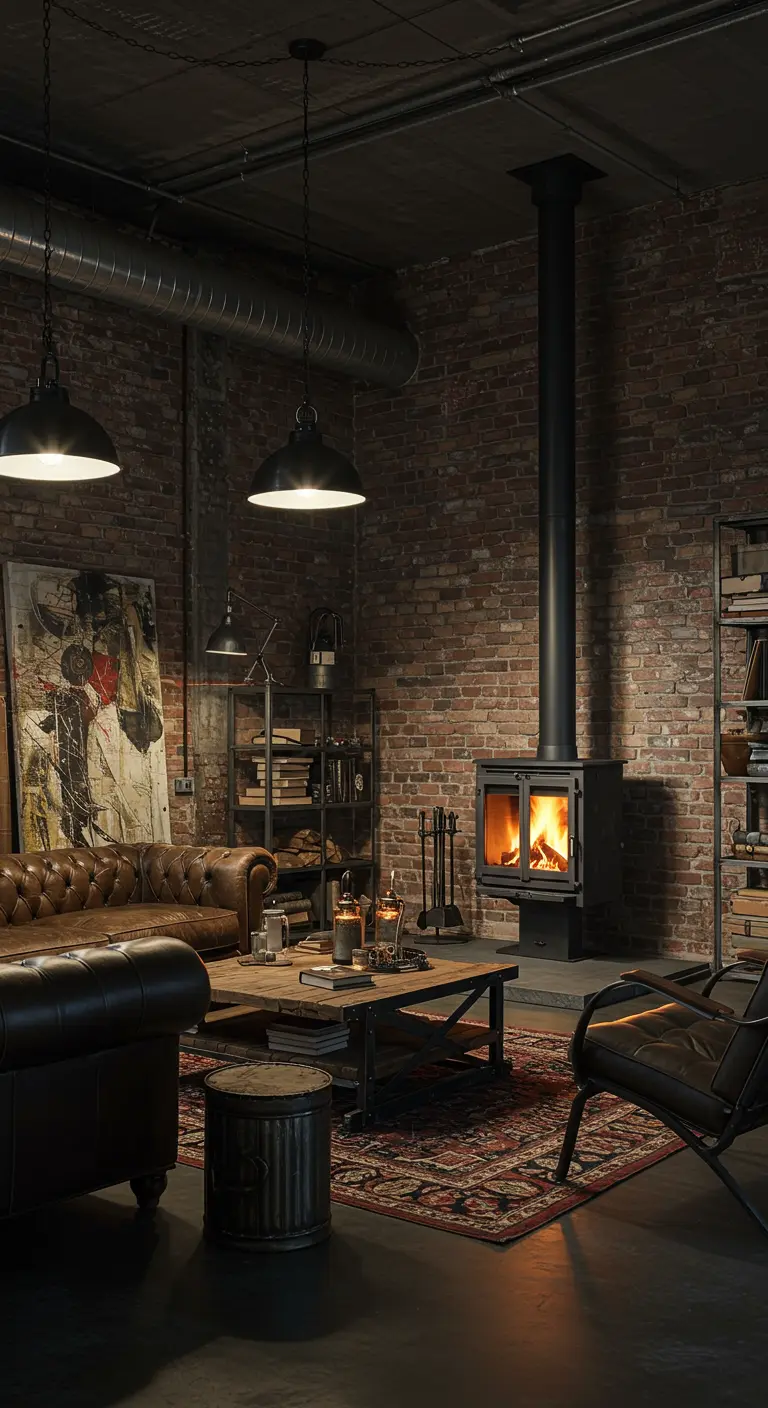 Industriële woonkamer met bakstenen muur, zwarte houtkachel en leren bank.