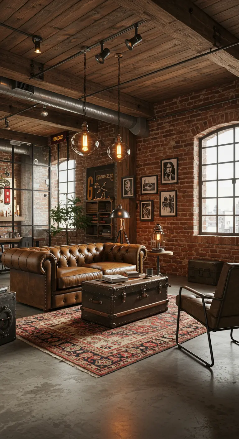 Industriële woonkamer met bakstenen muur, leren Chesterfield bank en metalen accenten.