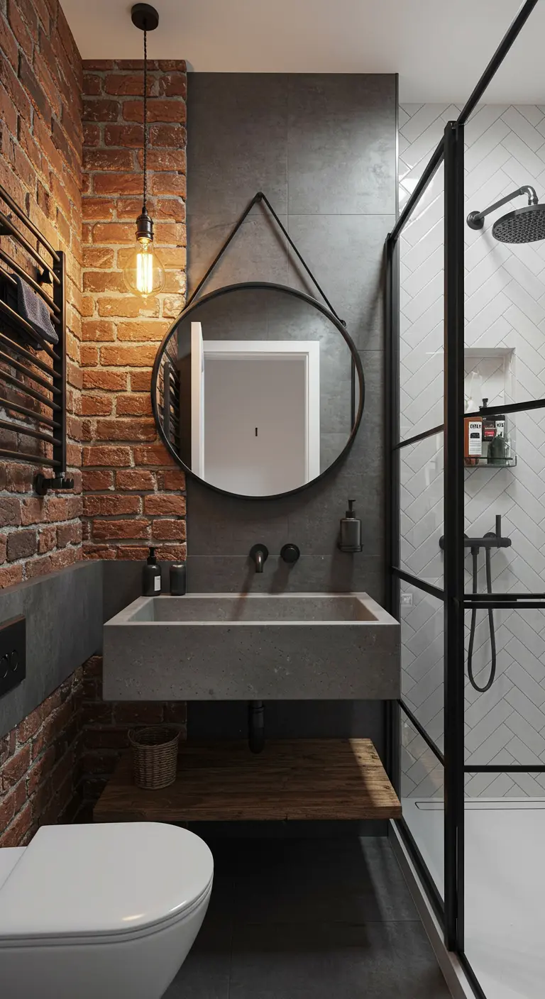 Industriële badkamer met bakstenen muur, betonnen wasbak en ronde spiegel.