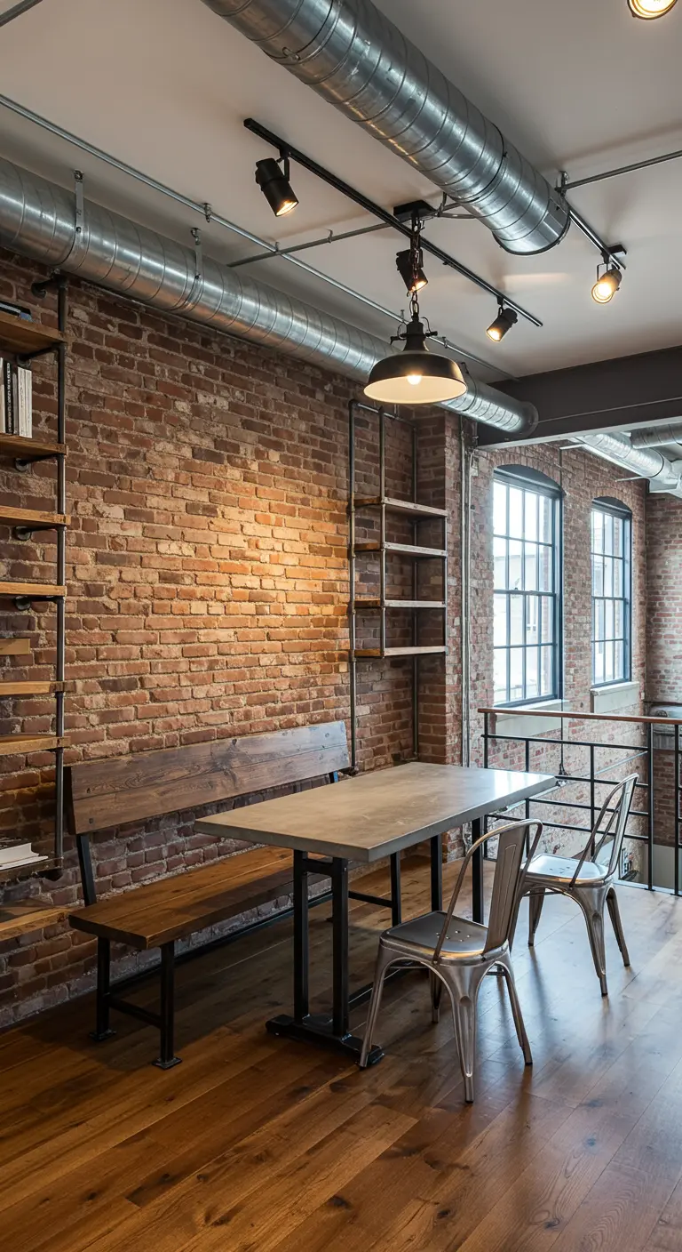 Industriële eethoek met bakstenen muur, houten bank en metalen stoelen.