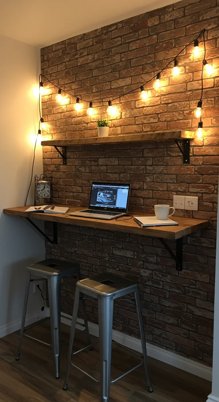 Houten wandplank als tafel tegen bakstenen muur met metalen krukjes en lichtsnoer.