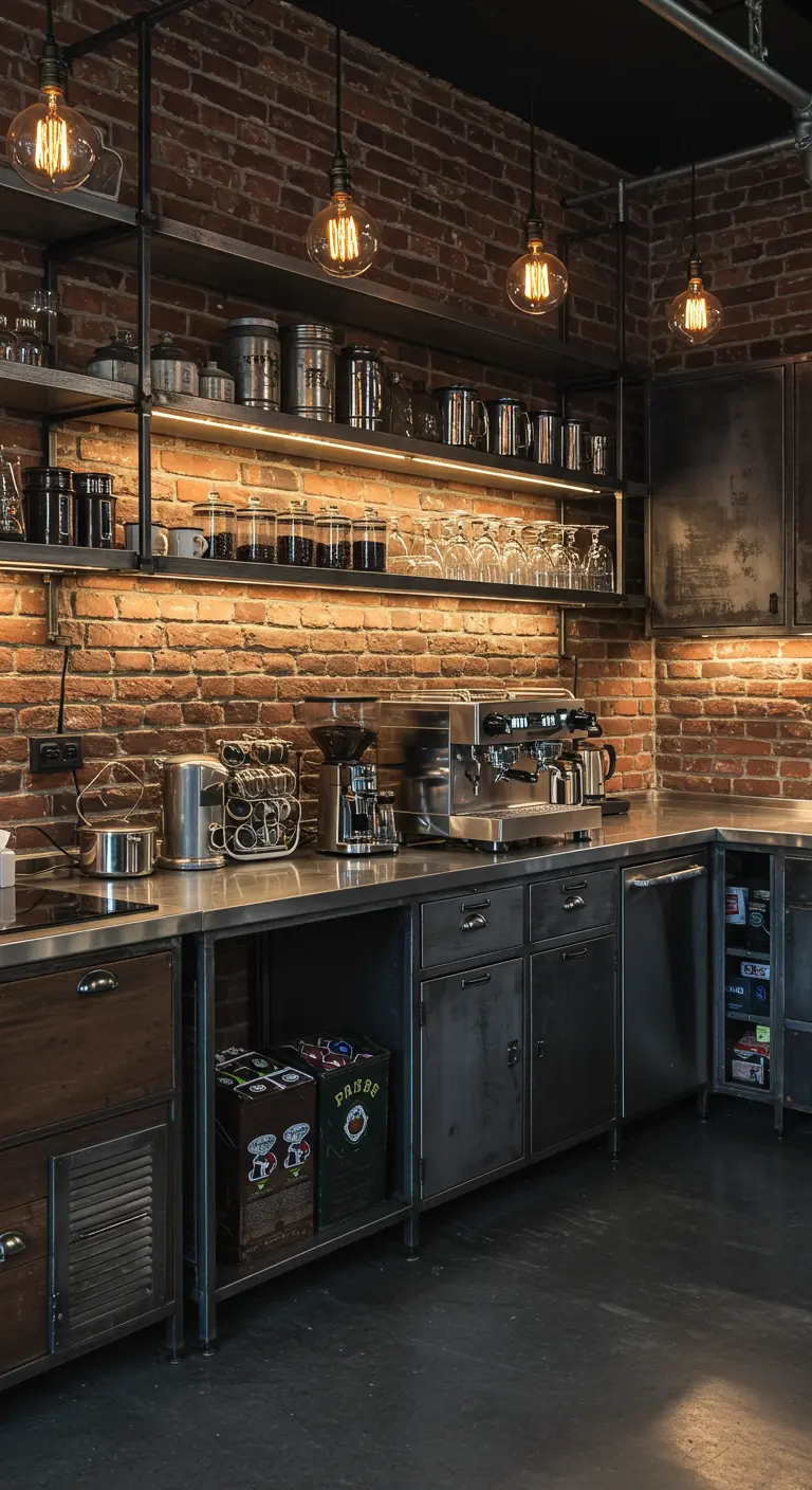 Industriële koffiecorner met bakstenen muur, metalen planken en sfeerverlichting.