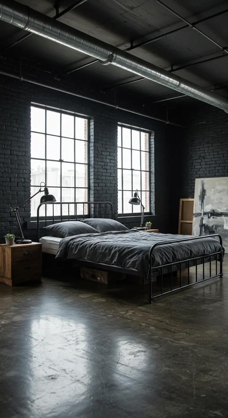 Industriële slaapkamer met zwarte bakstenen muur, metalen bed en grote ramen.