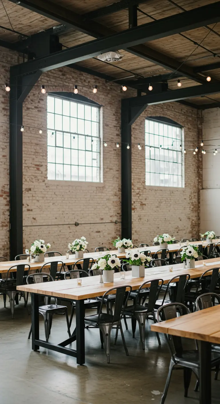 Lange houten tafels met zwarte stoelen en witte bloemen in industriële ruimte.