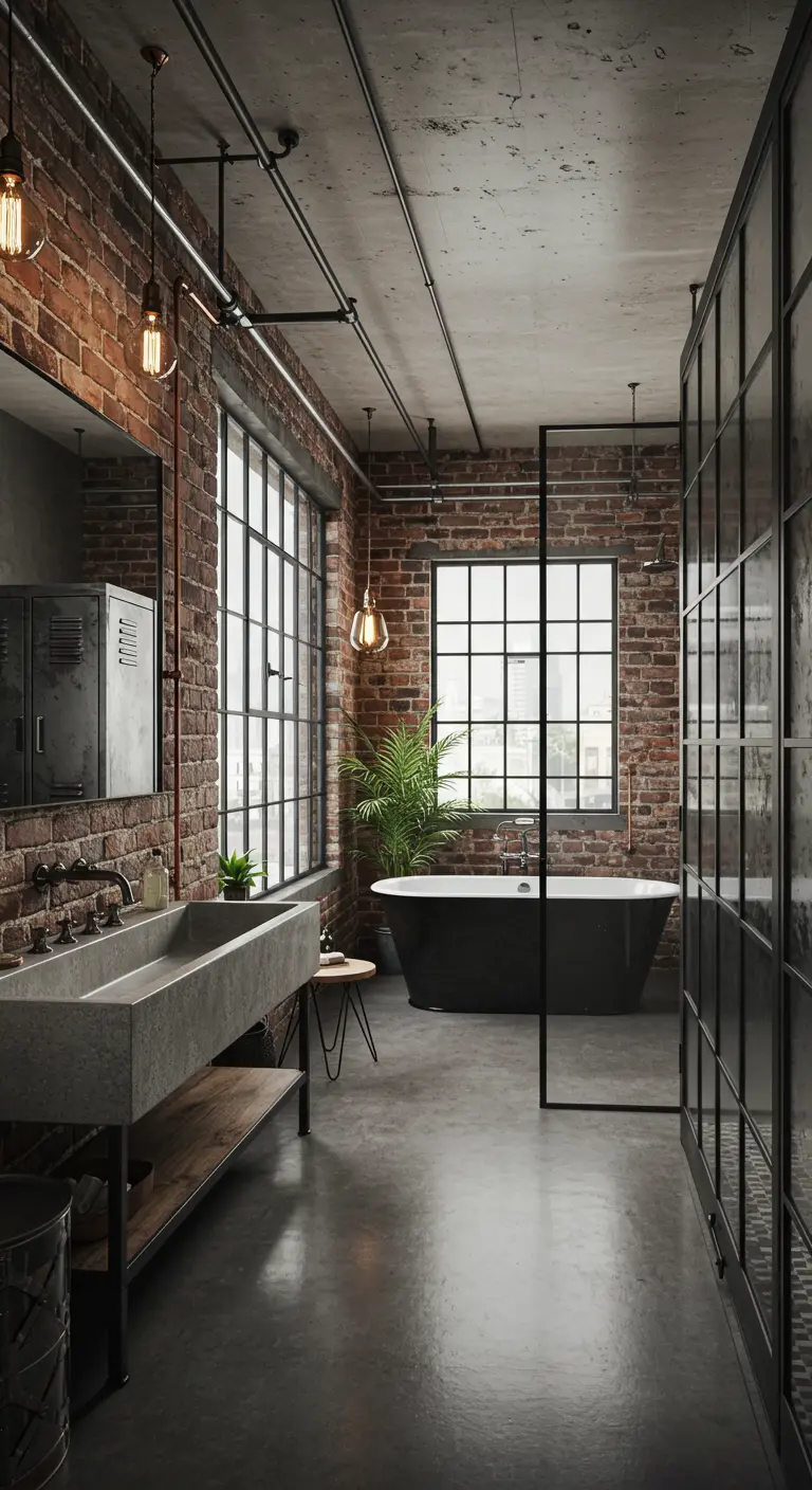 Industriële badkamer met bakstenen muren, grote ramen, betonnen wasbak en zwart bad.
