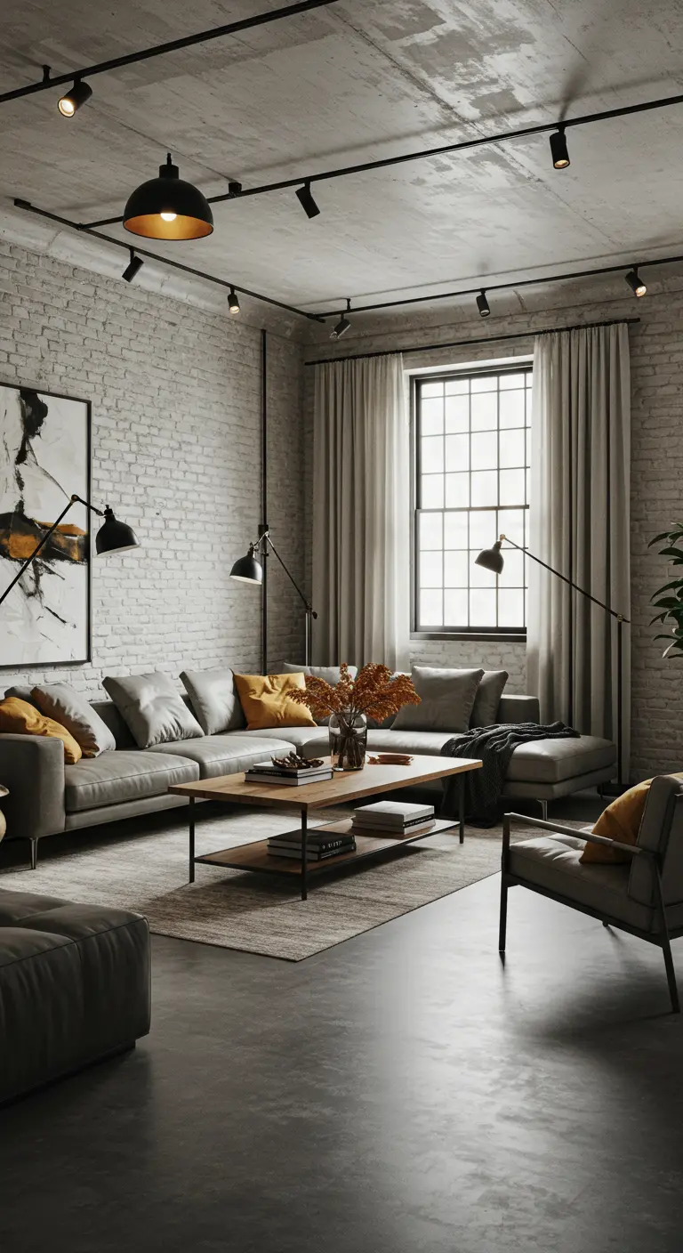 Industriële woonkamer met witte bakstenen muur, grijze bank en spotverlichting.