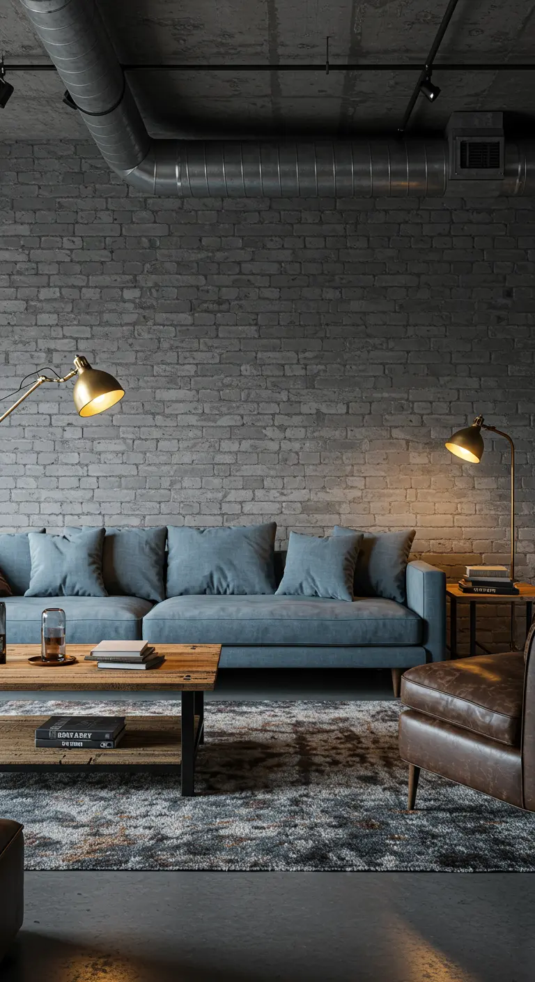 Industriële woonkamer met grijze bakstenen muur, blauwe bank en gouden industriële lampen.
