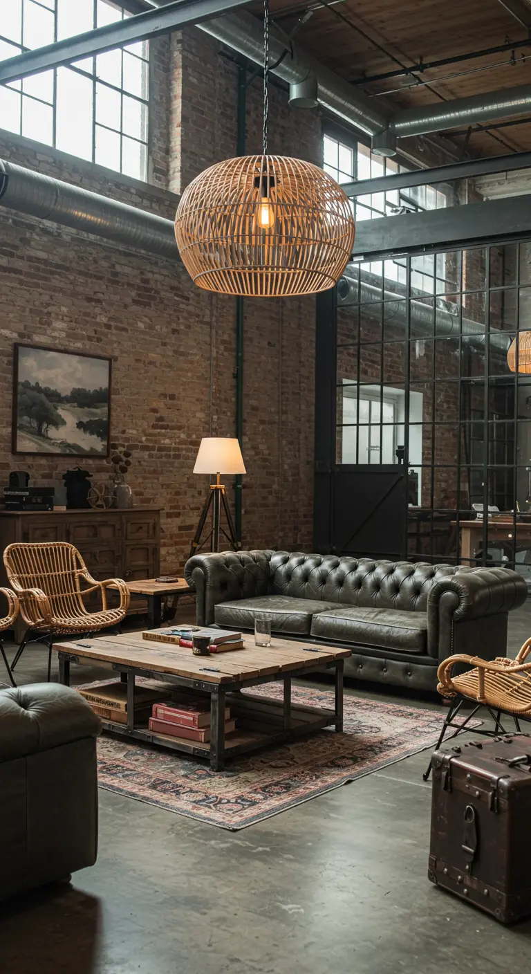 Industriële loft woonkamer met grote rotan hanglamp boven een lederen chesterfield bank.