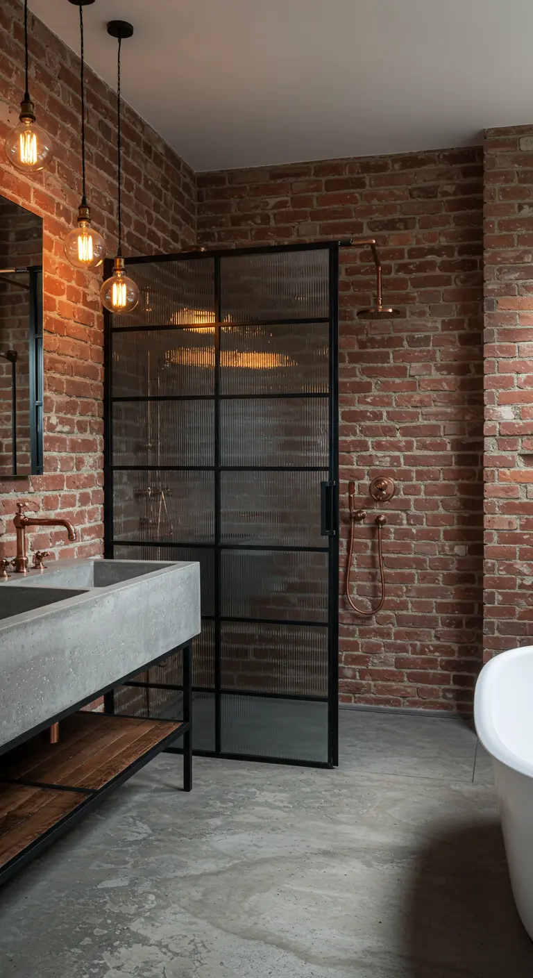 Industriële badkamer met geribbeld glazen douchedeur, bakstenen muur en betonnen wasbak.