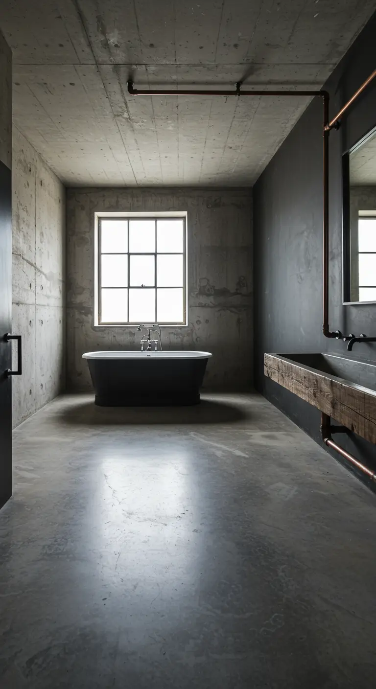 Industriële badkamer met betonnen vloer en muren, vrijstaand bad onder groot raam.