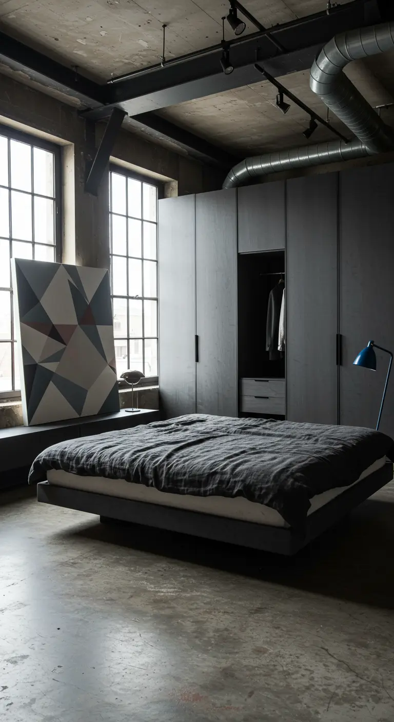 Industriële loft slaapkamer met betonnen vloer, zwevend bed en grote zwarte kasten.