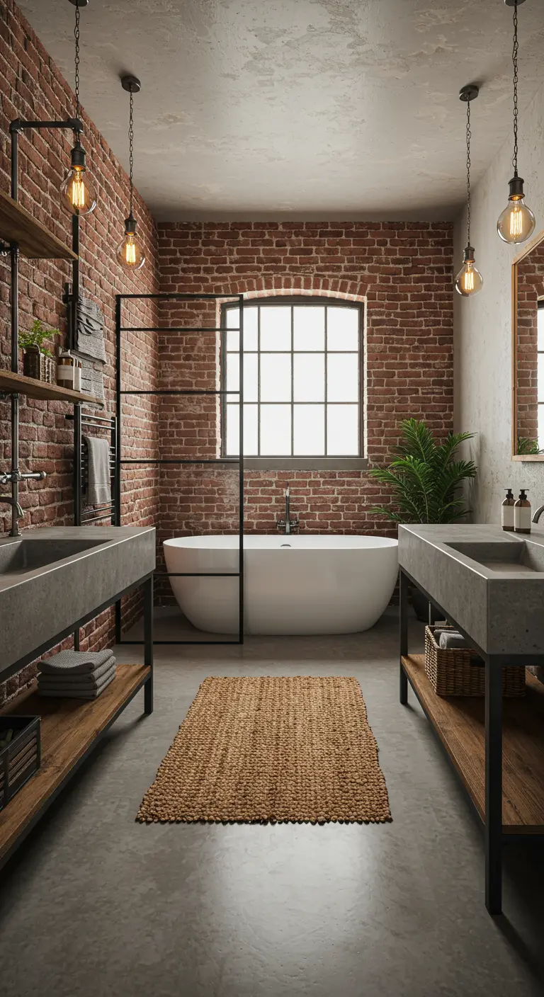 Industriële badkamer met bakstenen muur, betonnen wasbakken en stalen frame.