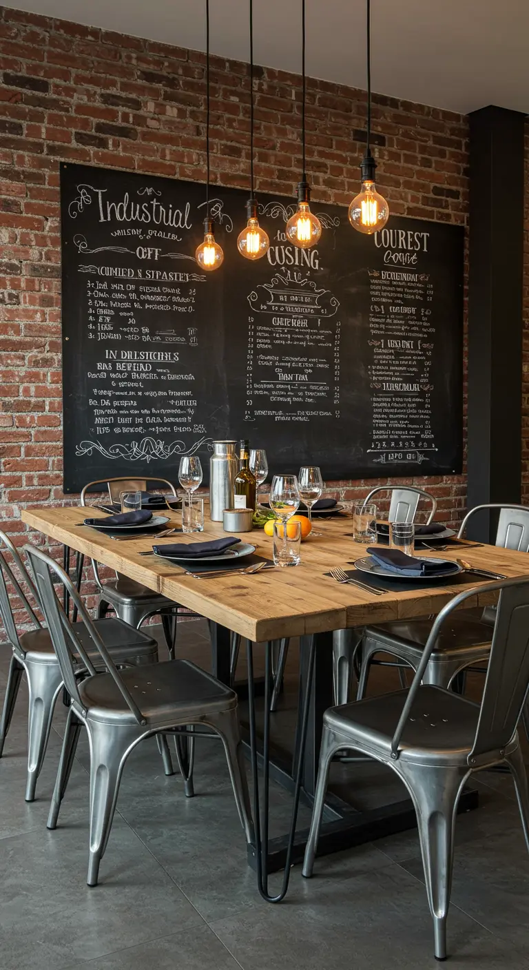 Industrieel ingerichte eetkamer met bakstenen muur, metalen stoelen en peertjeslampen.