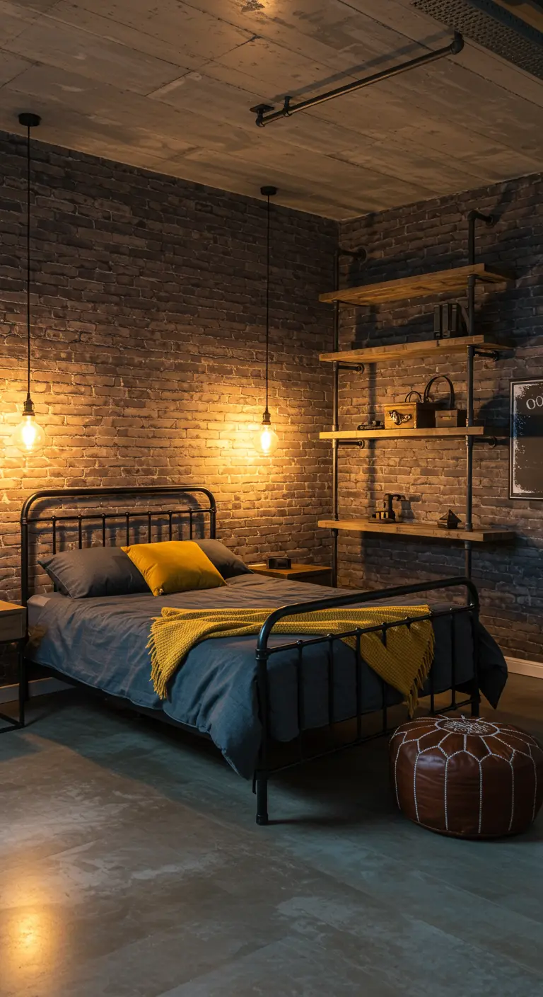 Industriële slaapkamer met bakstenen muur, metalen bed en buizenplanken.