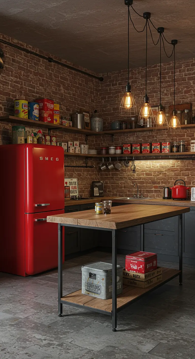 Industriële keuken met bakstenen muur, rode SMEG koelkast, houten eiland en open planken.