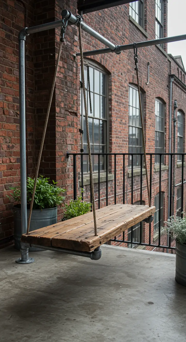 Houten plankenschommel hangend aan touwen in een frame van steigerbuizen op een industrieel balkon.