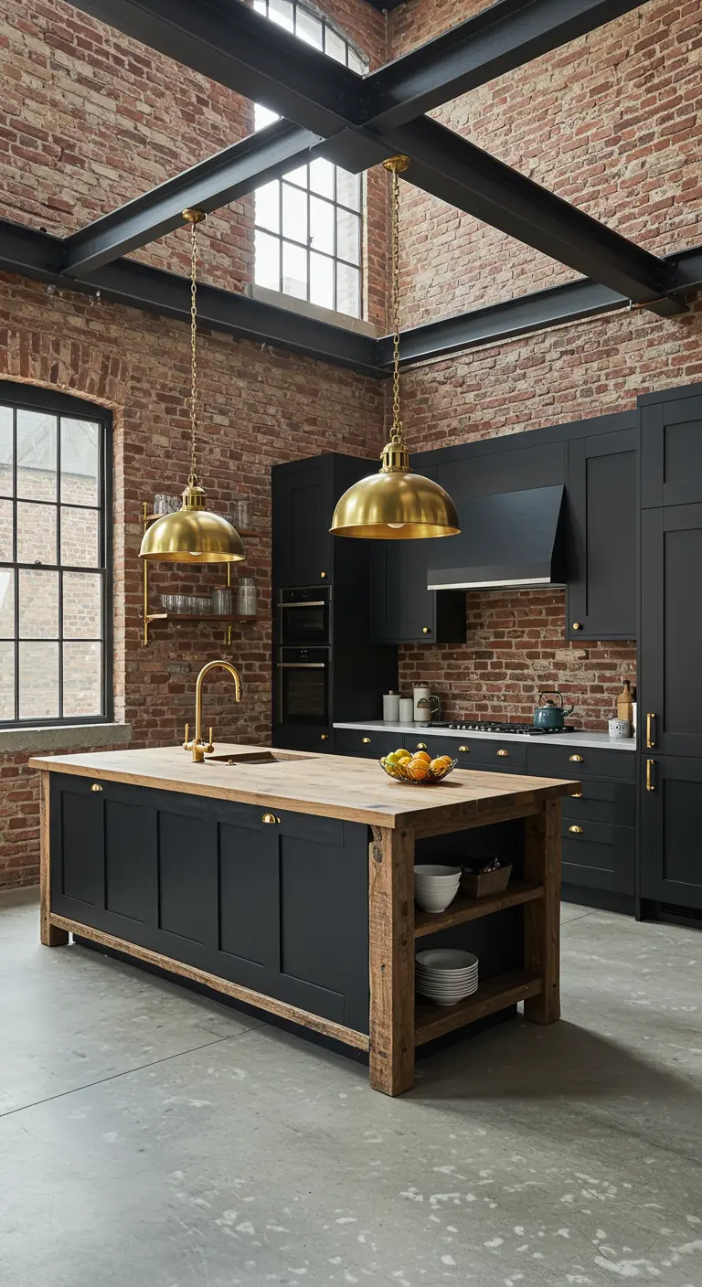 Industriële keuken met bakstenen muur, zwarte kasten, houten eiland en gouden hanglampen en kraan.
