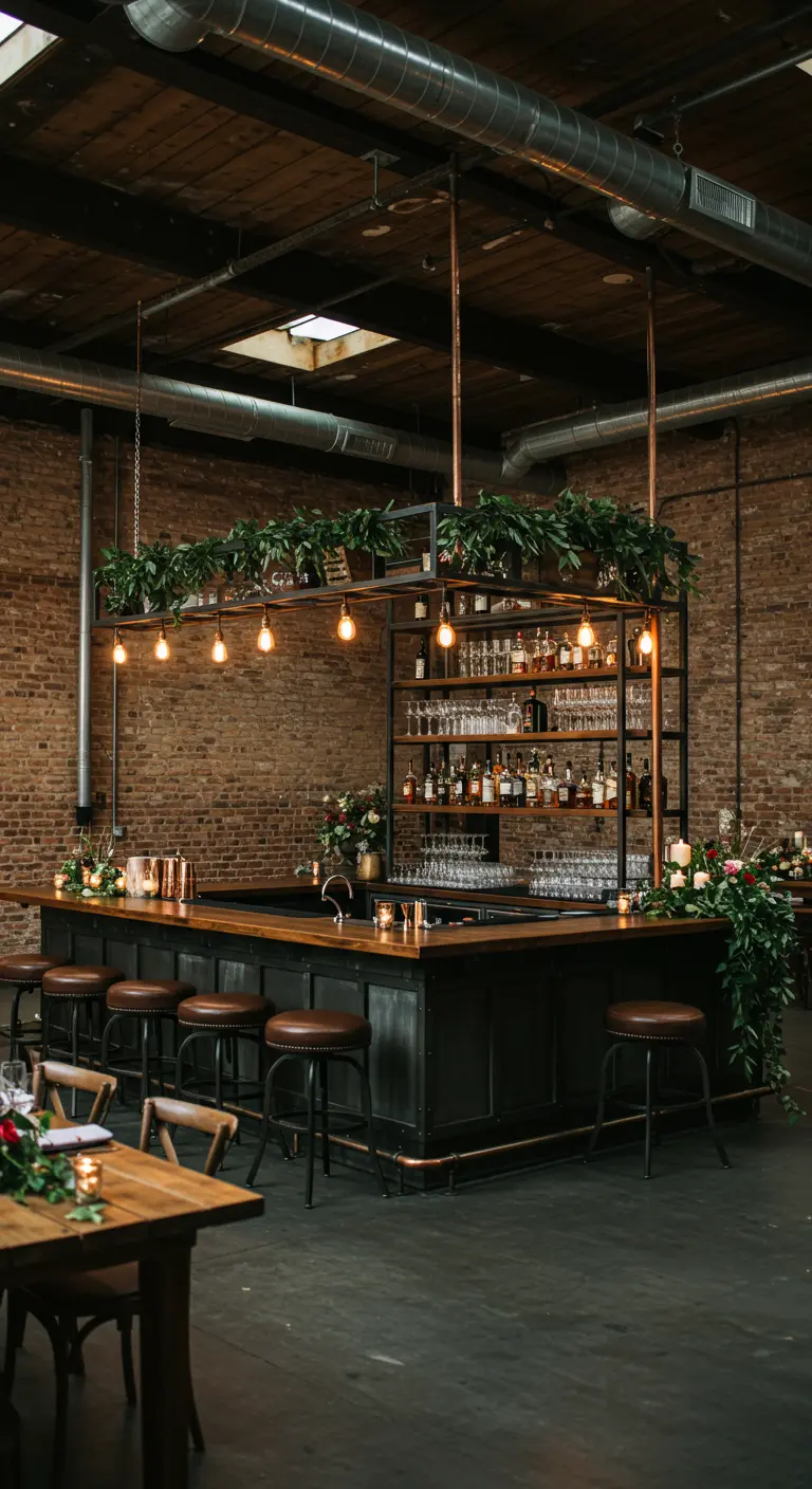 Industriële bar met metalen frame, hangplanten, Edison-lampen en bakstenen muur.