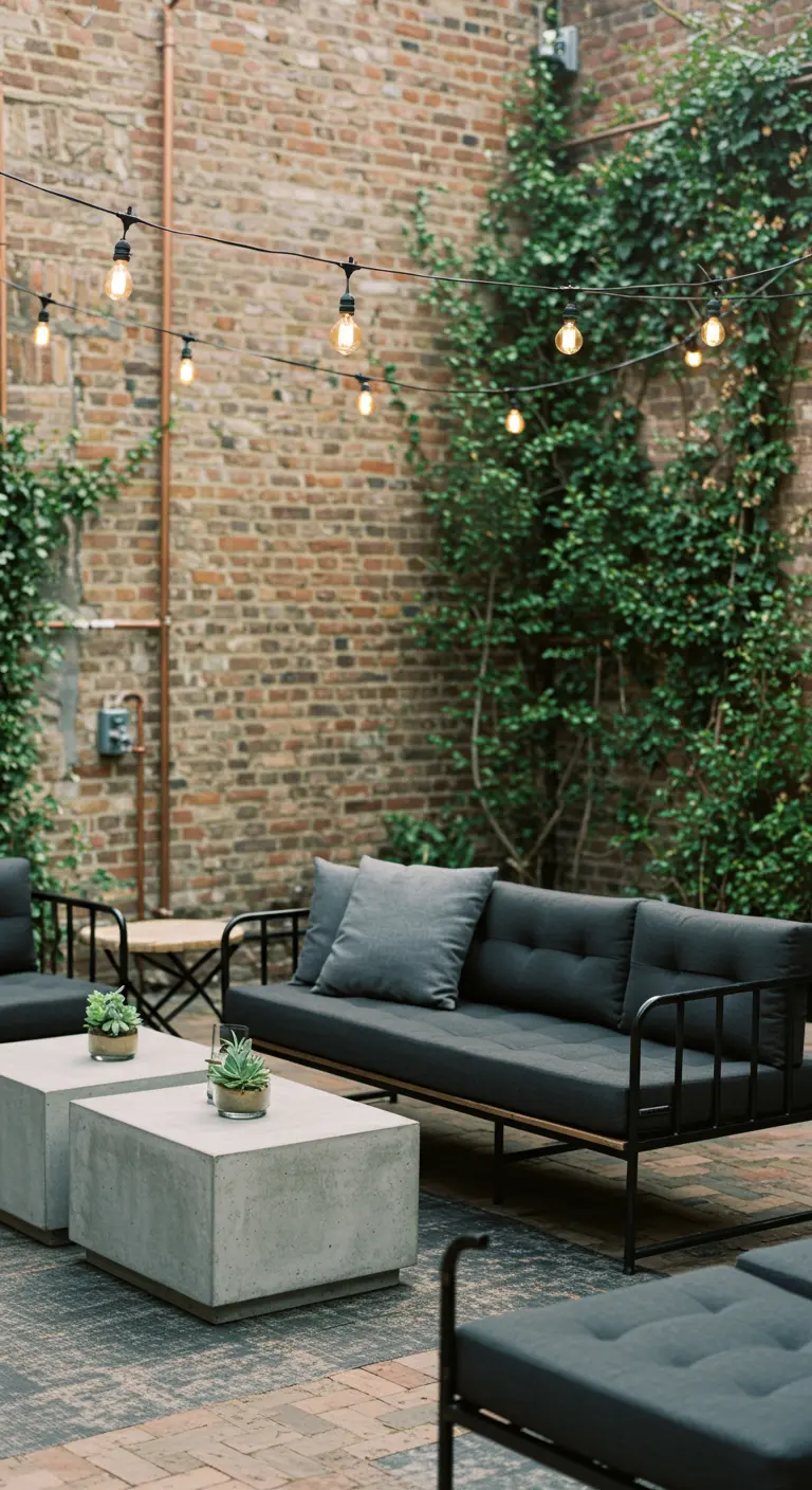 Industriële lounge op binnenplaats met metalen bank, betonnen tafels en lichtslinger.