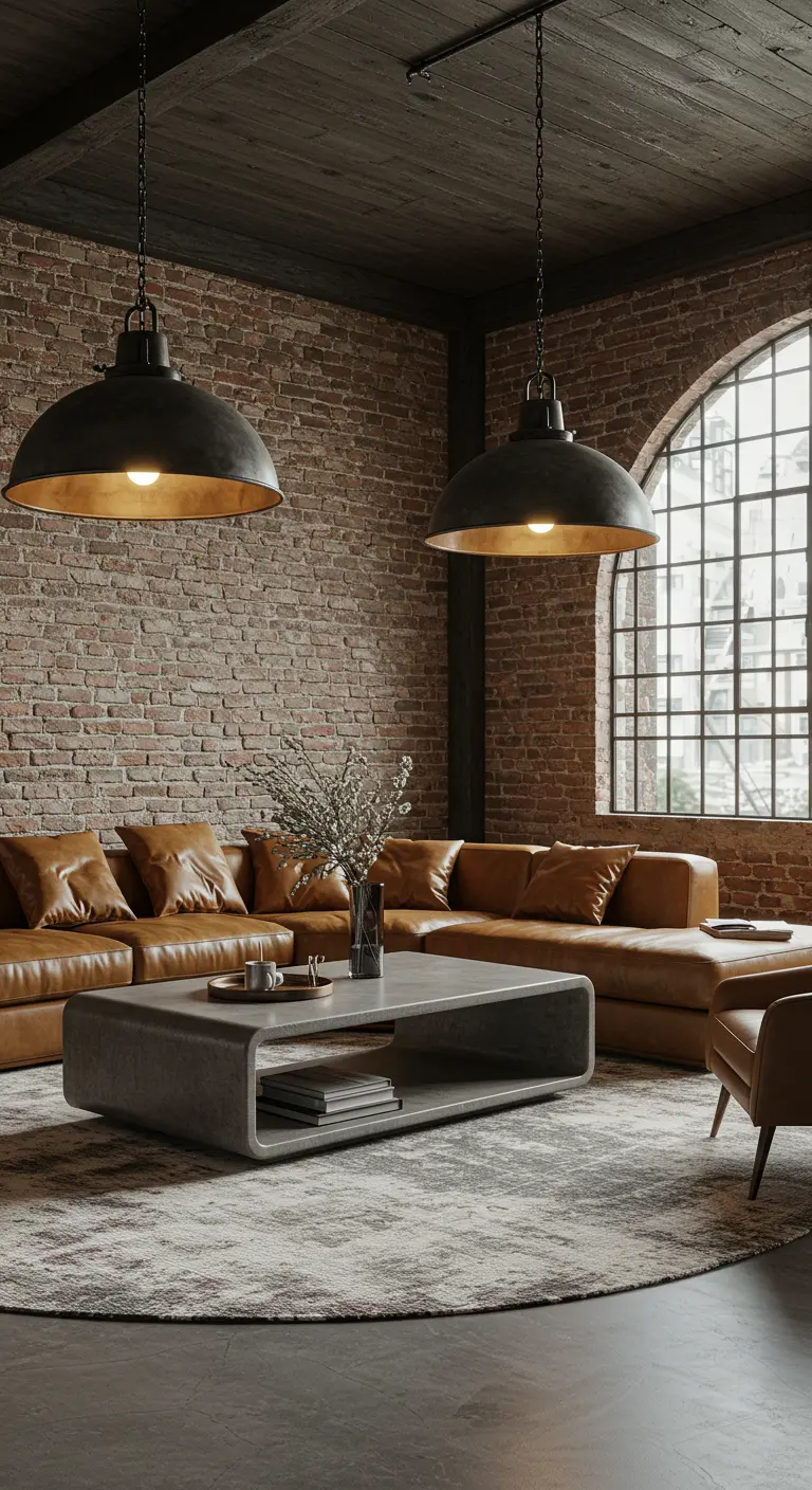 Industriële woonkamer met bakstenen muur, leren bank en ronde betonnen salontafel.