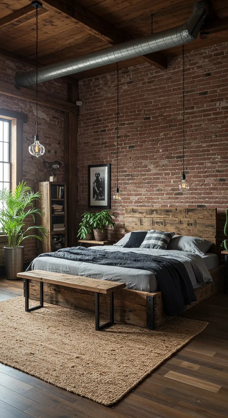 Industriële slaapkamer met bakstenen muur, houten bed en hanglampen.