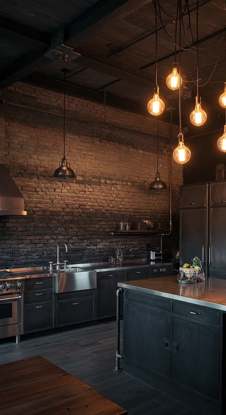 Industriële keuken met een ruwe bakstenen muur, zwarte kasten en hangende peertjes.
