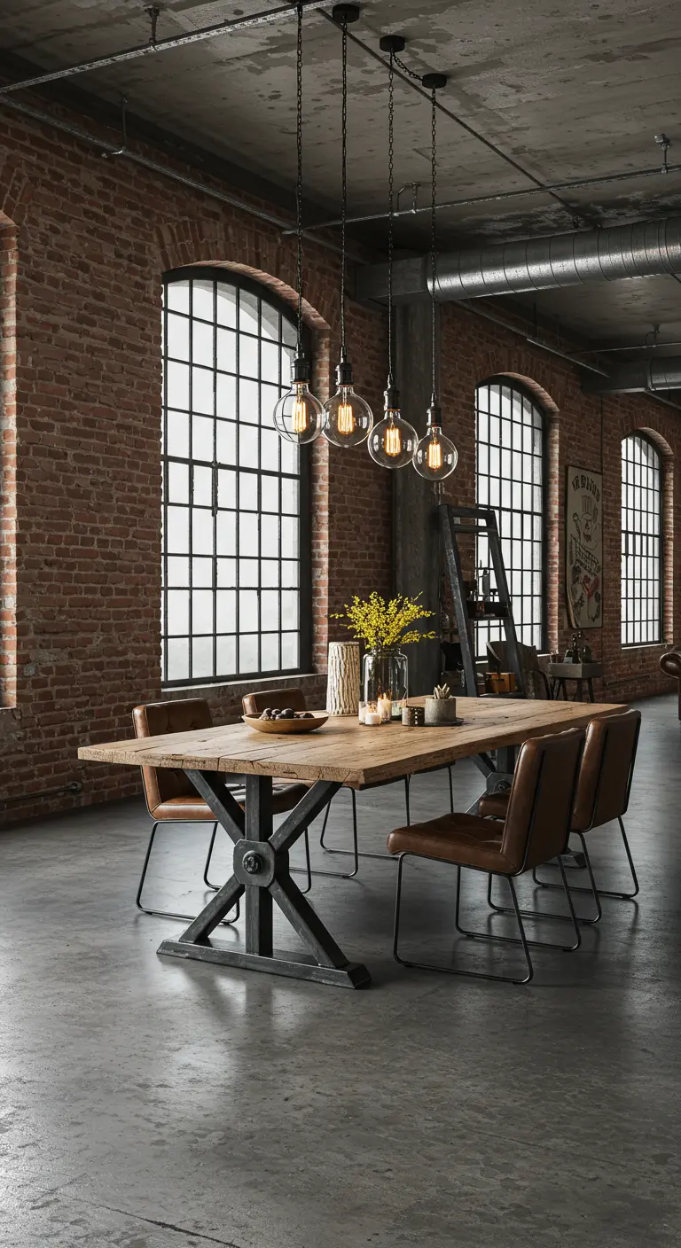 Industriële eethoek met bakstenen muur, houten tafel en hanglampen met Edison-peertjes.