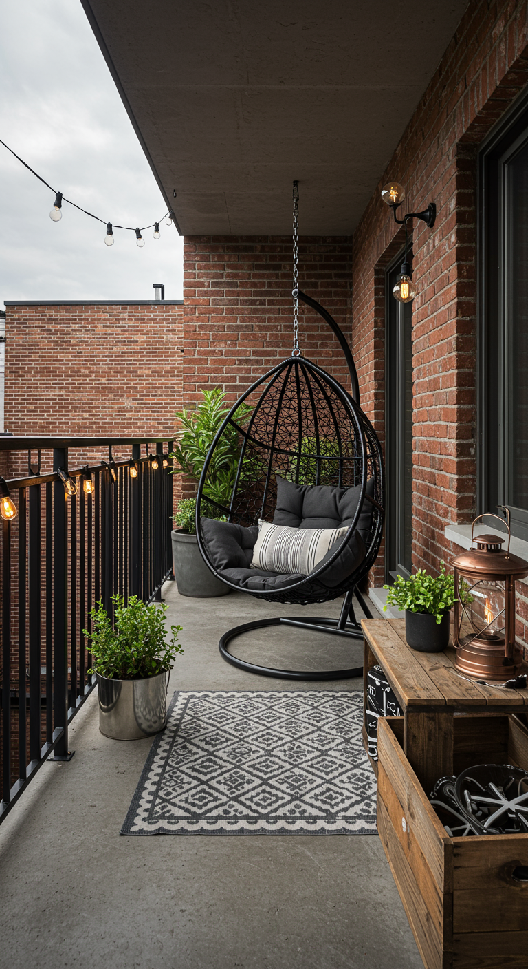Zwarte metalen hangstoel op industrieel balkon met bakstenen muur, kleed en lichtsnoer.