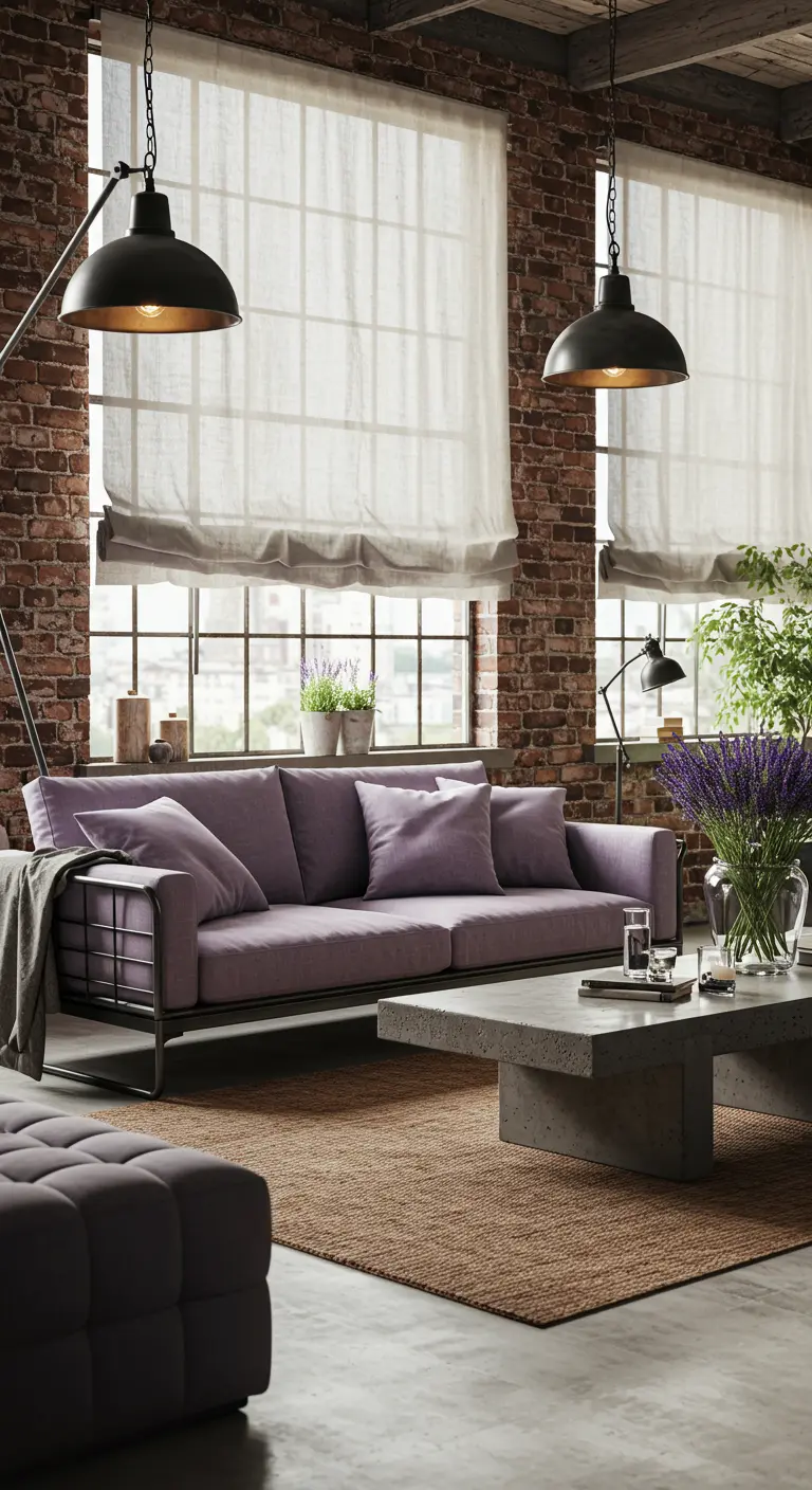 Industriële loft met bakstenen muur, lavendel bank, betonnen tafel, zwarte lampen.