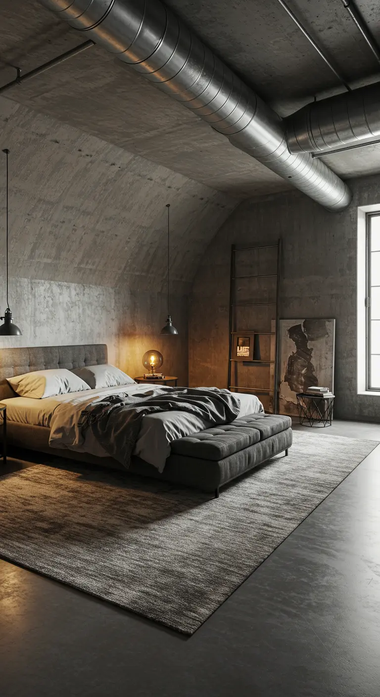 Industriële slaapkamer met betonnen muren en een groot, grijs gemêleerd vloerkleed.