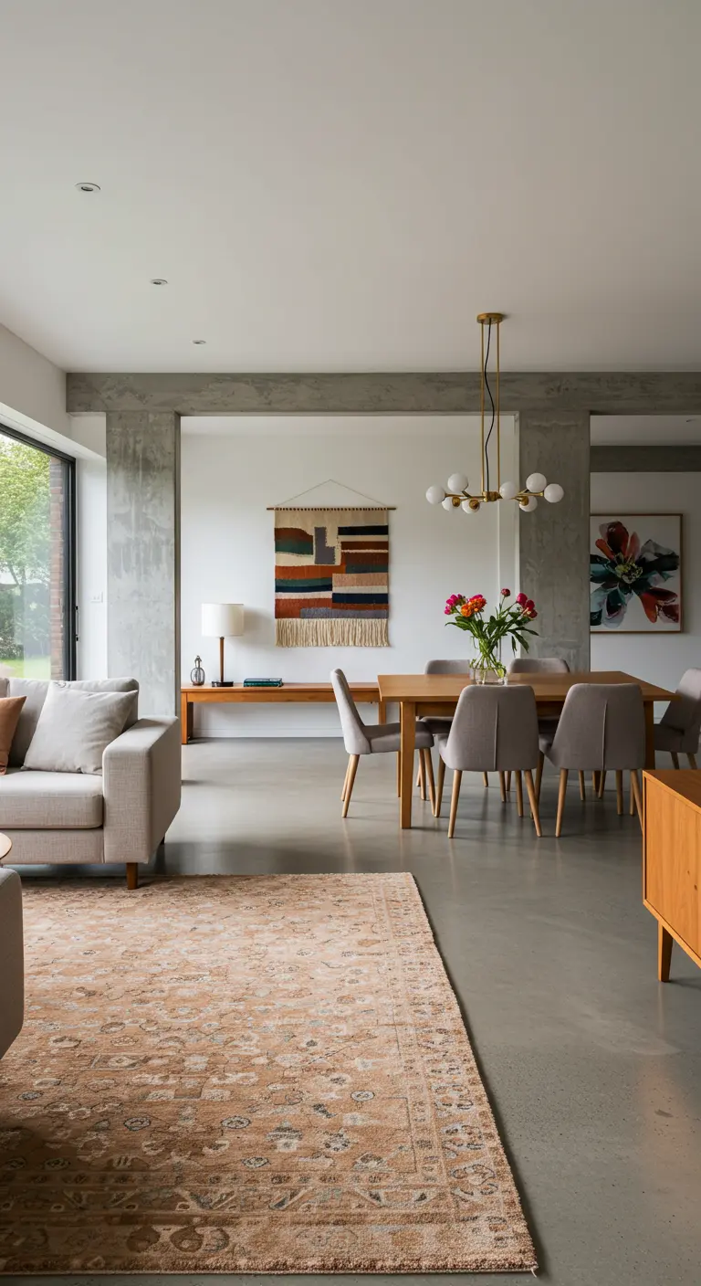 Moderne eetruimte met betonnen vloer, Perzisch tapijt en kleurrijk abstract wandkleed.