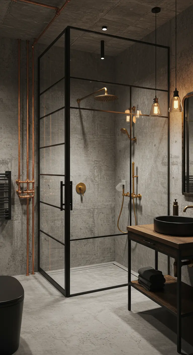 Industriële badkamer met betonnen muren, zwarte douchewand, koperen leidingen en gouden kranen.